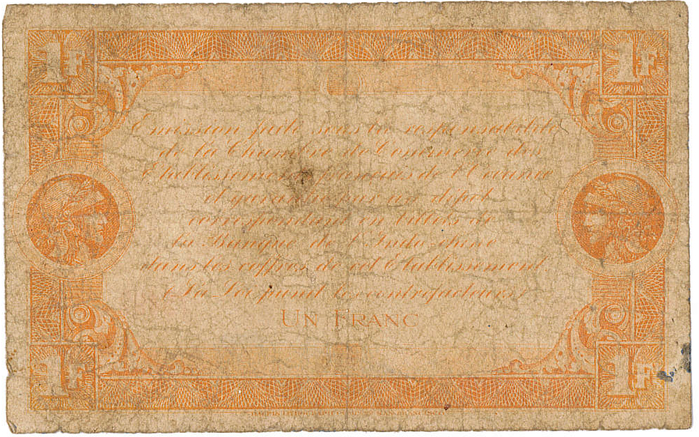 Exemplaire d'un billet (verso) de 1 franc émis par la Chambre de commerce de Tahiti en 1919